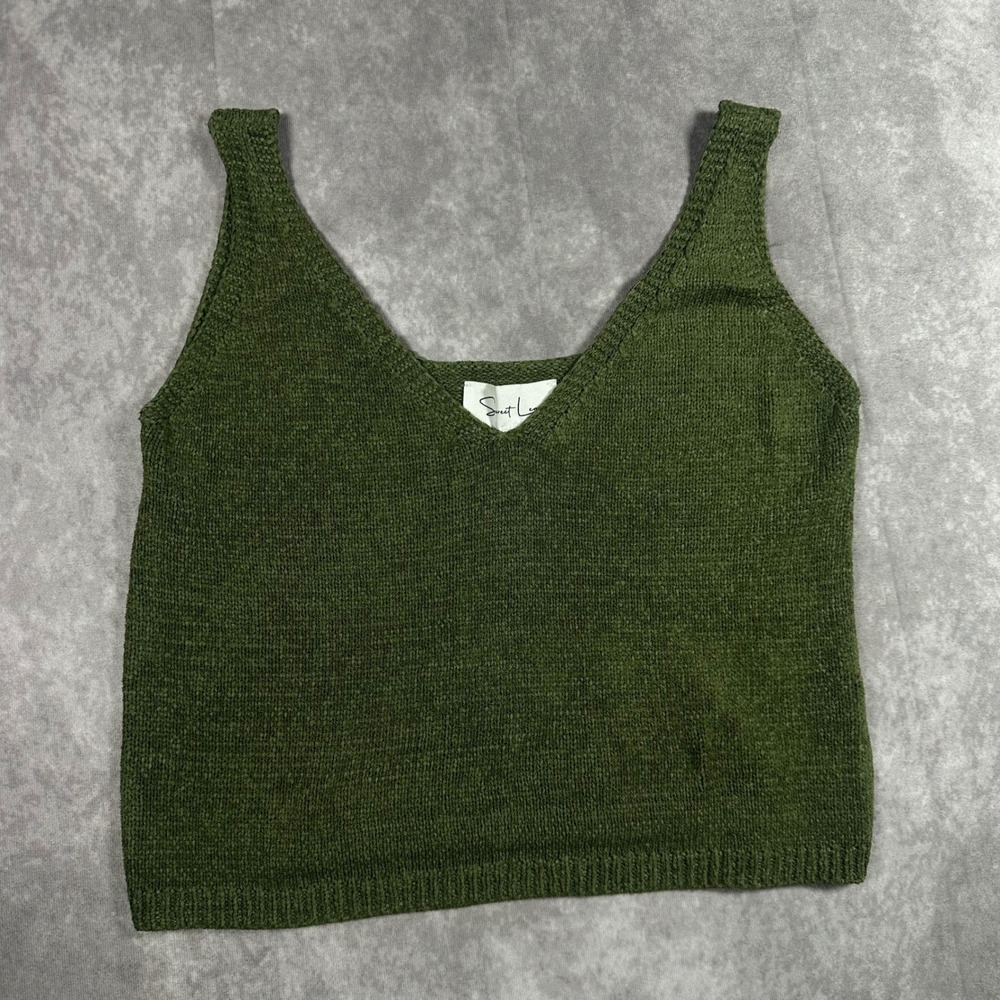 Sweet Lemon Olive Green Knit Tank Top Womens S V-Neck Sleeveless Ribbed Cami Tee